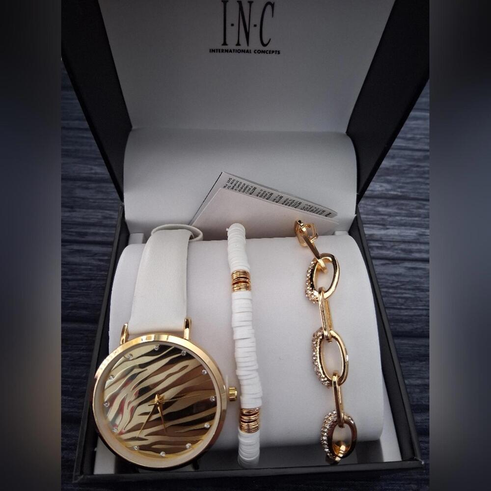 Womens Inc 41mm Gold Zebra Patterned Leather Watch Brand New